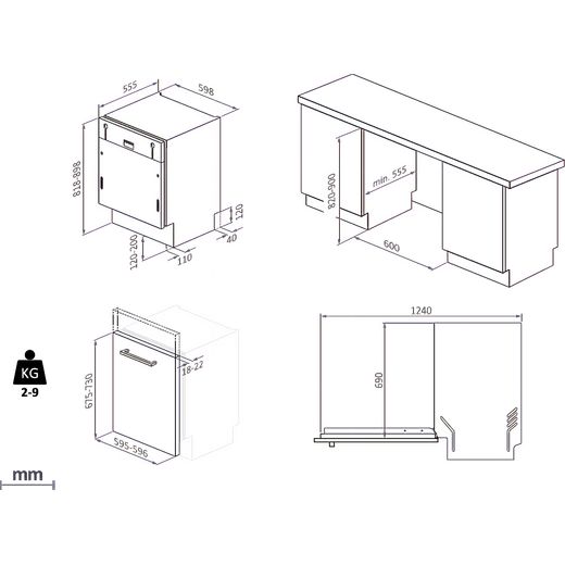 Candy RapidÓ Integrated Standard Dishwasher - Black - Annotation - Dimension shot